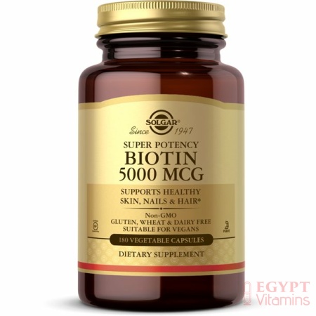 Solgar Biotin 5000 mcg, Promote Healthy Skin, Nails &Hair - Supports Energy Production,180 Capsules سولجار بيوتين طبيعى تركيز 5000 مجم،لصحة الشعر والبشرة والأظافر،180 كبسولة