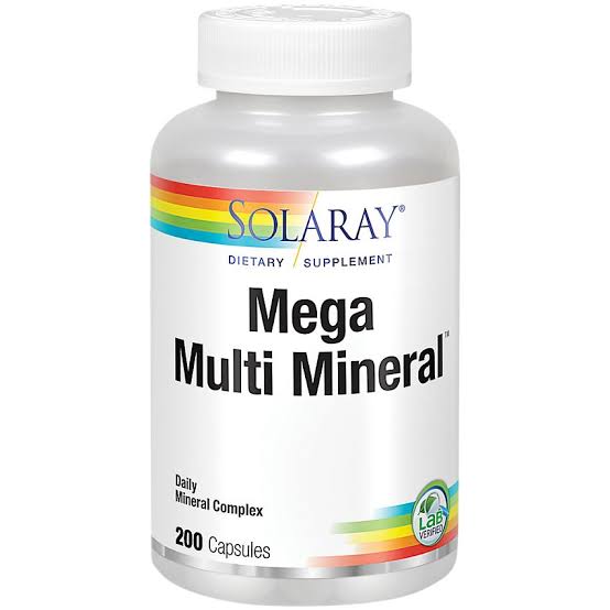 Solaray Mega Multi Mineral, Daily Mineral Complex with Calcium, Iron, Magnesium, Zinc, and More in Highly Absorbable Chelated Forms, Overall Health and Immune Support, 200 Capsulesخليط المعادن عالى الامتصاص يحتوى على مجموعة من العناصر والمعادن الاساسية الهامة لدعم الوظائف الحيوية ولدعم المناعة،200 كبسولة