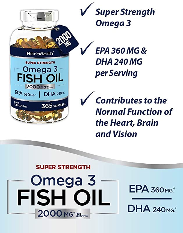 Horbaach Omega 3 Fish Oil 2000mg | 365 Softgel Capsules | Premium Fatty Acids EPA & DHA | Supports Heart, Brain & Eye Health | Non-GMO, Gluten Free Supplement | 1000mg per Tablet أوميجا 3 من زيت السمك 2000 مجم للجرعة لصحة المخ والقلب والعين 365 سوفت جيل - Image 2