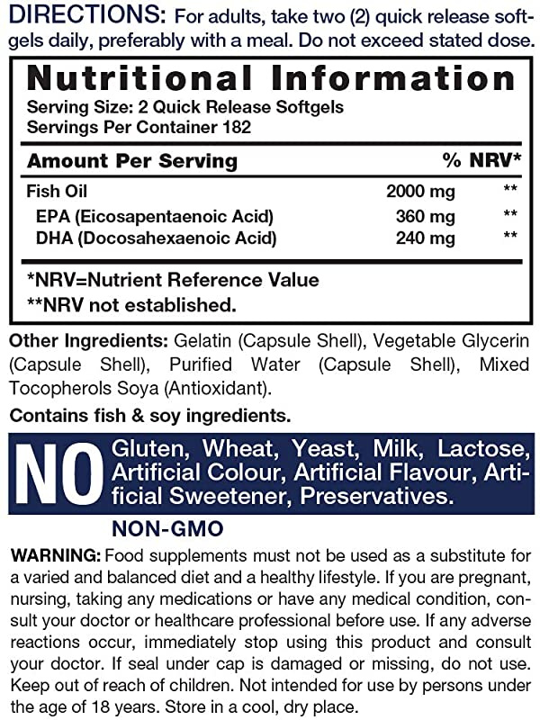 Horbaach Omega 3 Fish Oil 2000mg | 365 Softgel Capsules | Premium Fatty Acids EPA & DHA | Supports Heart, Brain & Eye Health | Non-GMO, Gluten Free Supplement | 1000mg per Tablet أوميجا 3 من زيت السمك 2000 مجم للجرعة لصحة المخ والقلب والعين 365 سوفت جيل - Image 4