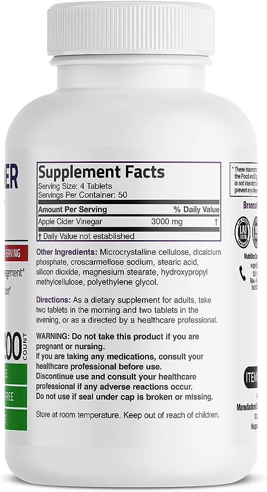 Bronson Apple Cider Vinegar 3000 MG per Serving Extra Strength - Non-GMO, 200 Vegetarian TabletsBronson Apple Cider Vinegar 3000 MG per Serving Extra Strength - Non-GMO, 200 Vegetarian Tabletsكبسولات خل التفاح للتخسيس ودعم صحة الجهاز الهضمي - Image 3